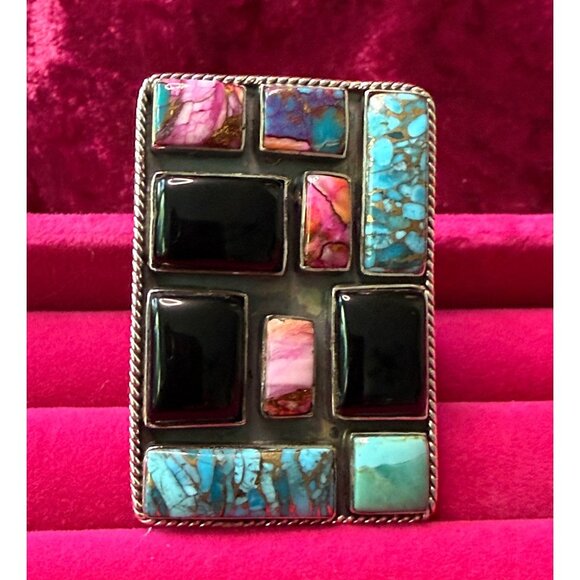 HUGE Sterling Silver Adjustable Ring Onyx Turquoise Spiny Oyster - Picture 2 of 8